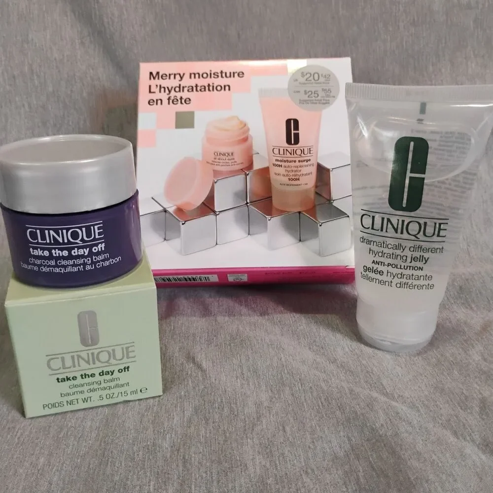 5pc Clinique Skincare Lot Take The Day Off Charcoal Cleansing Balm Hydrating Set
